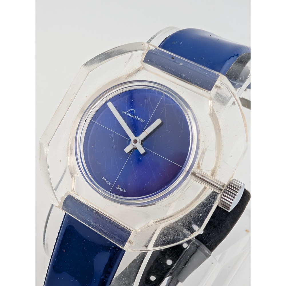 Vintage Lucerne Swiss‎ Mechanical Watch 38mm Acrylic Case Blue Dial- Working